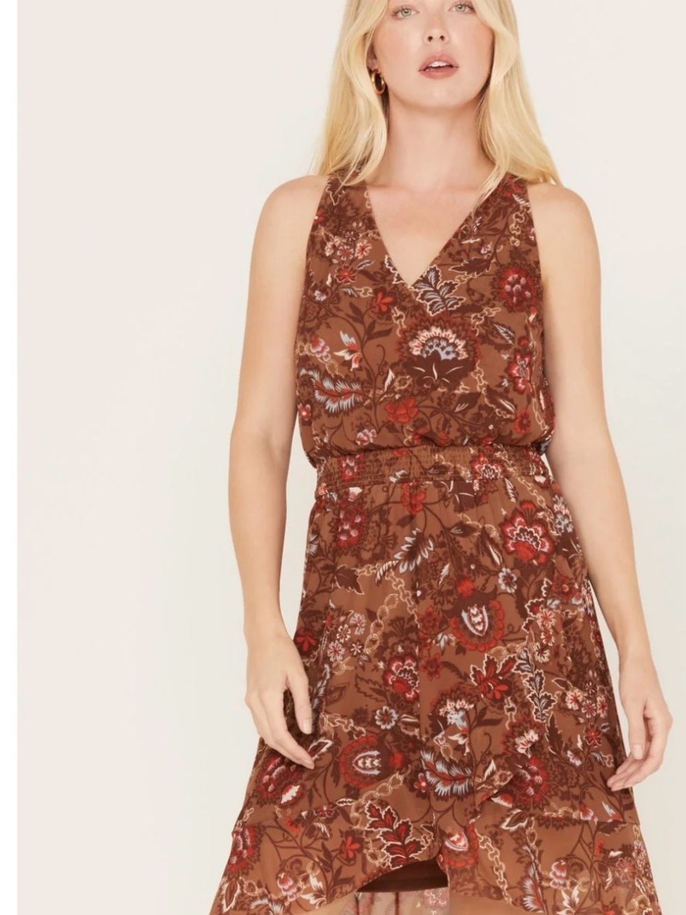 Idyllwind Sleeveless V-Neck Floral Brown Midi Dress XL - country boho dress